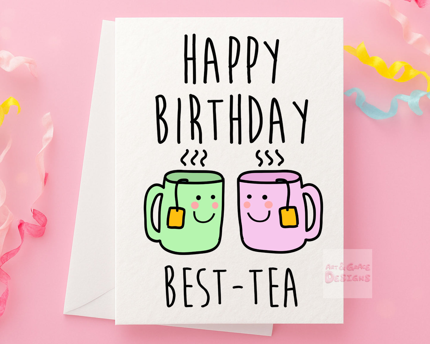 Cute Best -Tea Card - Birthday Card For Best Friends - Cute Illustration - Teacups - Pastel Pink And Green Design