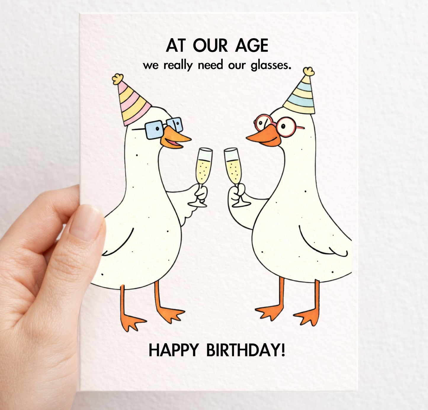Funny Goose, Geese Wearing Glasses, Holding Glasses Of Champagne, Card For Friend