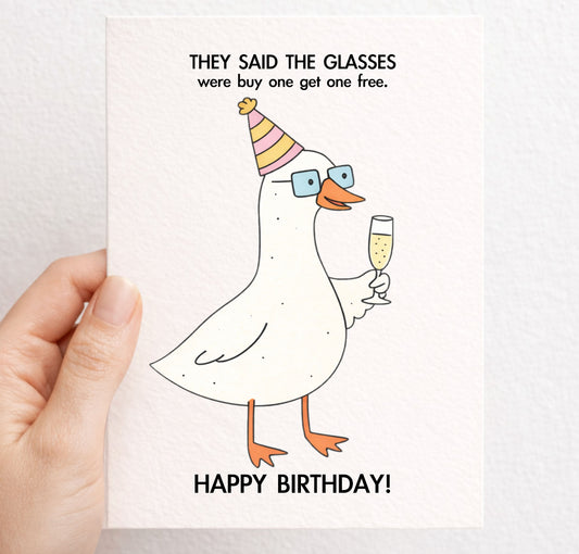 Funny Goose, Geese Wearing Glasses Joke Greeting Card, Holding Glass Of Champagne, Card For Friend