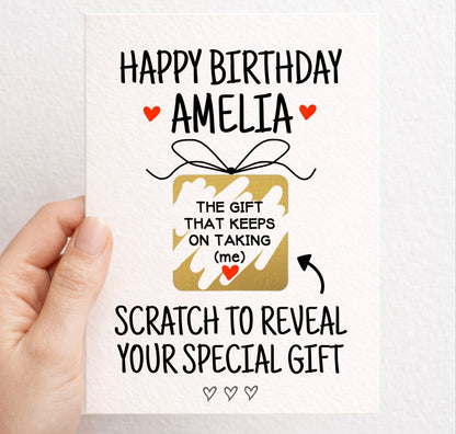 Personalised Funny Surprise Scratch Card, The Gift That Keeps On Taking, Greeting Card, Surprise Gift, Gold Gift Present Box