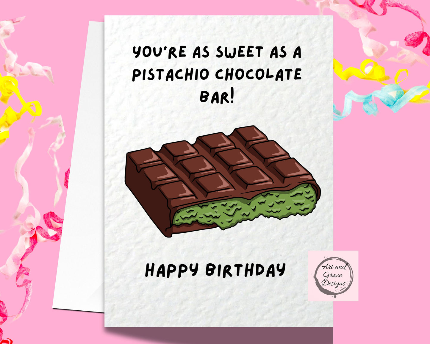 Pistachio Chocolate Bar Lover Greeting Card - Happy Birthday - Food Gift- Dubai Chocolate Bar - Humorous Card - Funny Viral Trend