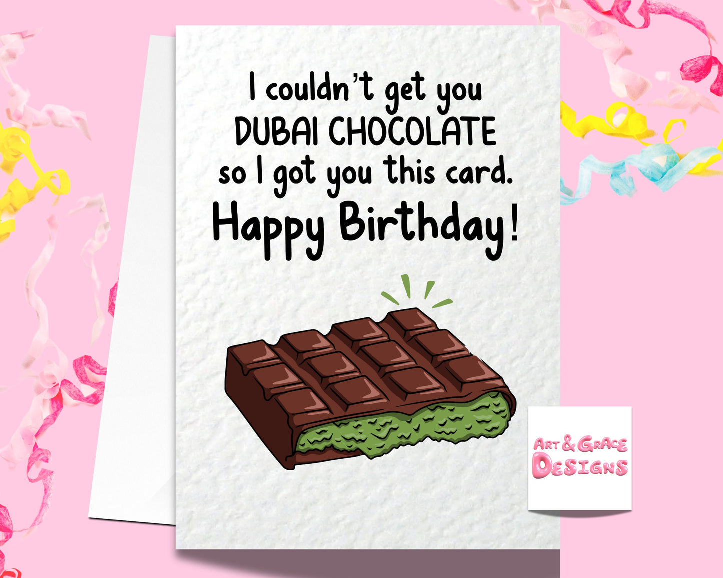 Pistachio Chocolate Bar Lover Greeting Card - Happy Birthday - Dubai Chocolate Bar - Humorous Card - Funny Viral Trend