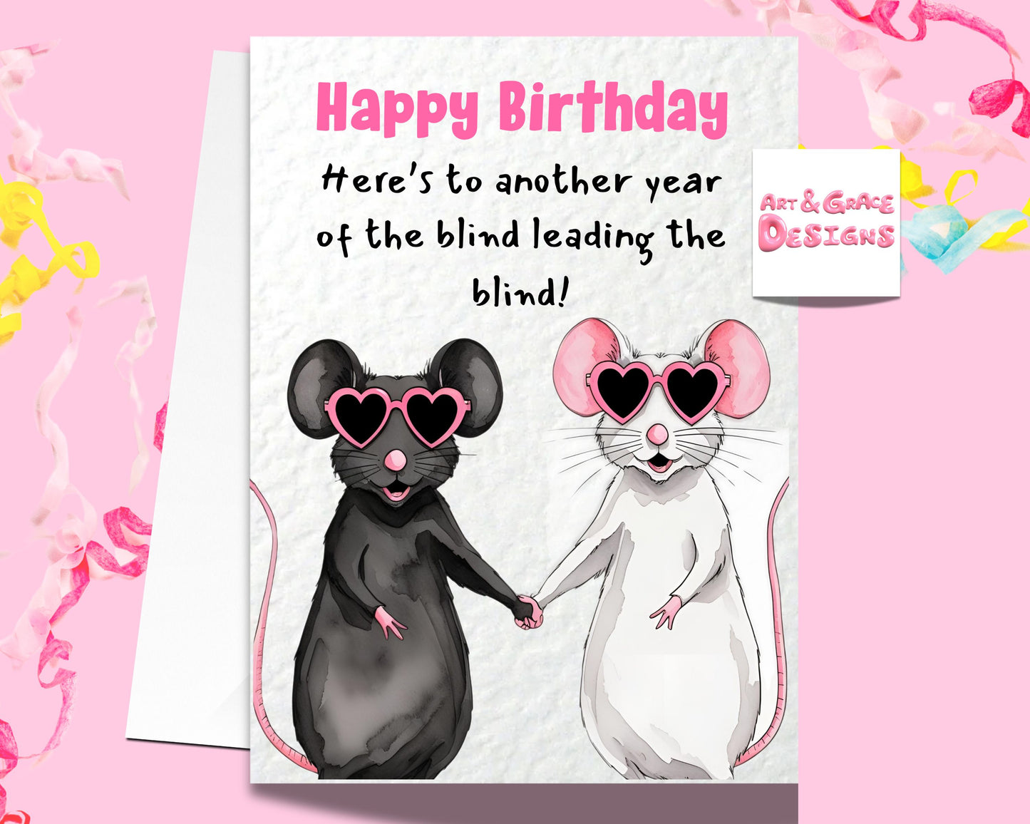 Funny Blind Mice Greeting Card - The Blind Leading The Blind Happy Birthday - Cute Funny Card For Friend- Bestie