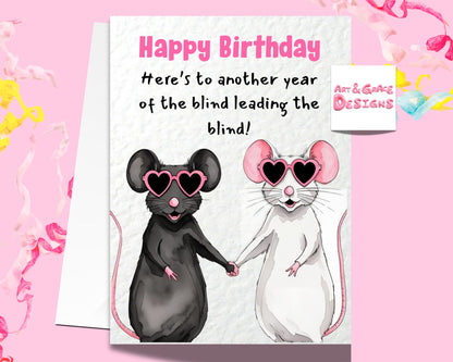 Funny Blind Mice Greeting Card - The Blind Leading The Blind Happy Birthday - Cute Funny Card For Friend- Bestie