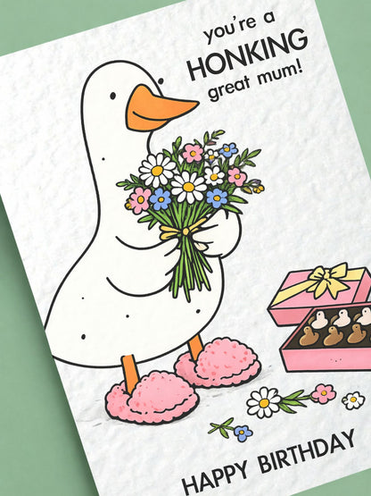 Funny Birthday Goose Greeting Card: You're a Honking Great Mum, Goose Holding Bouquet of Flowers
