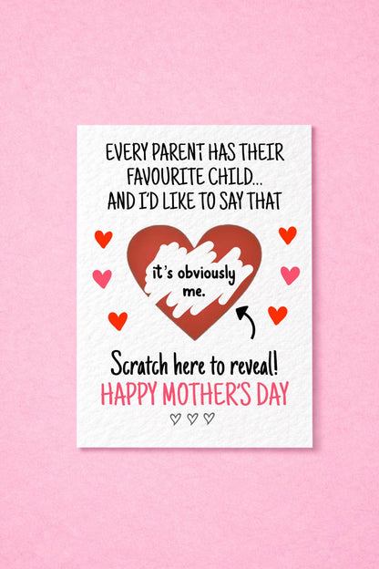 Mother's Day Surprise Scratch Card, Favourite Child, Obviously Me Gift Reveal, Funny Greeting Card, Surprise Gift, Red Heart