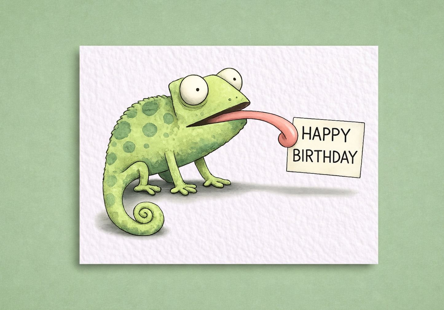 Funny Chameleon Birthday Card, Cute Reptile Illustration with “Happy Birthday” Design, Unique Animal Greeting Card, Quirky Humour Gift