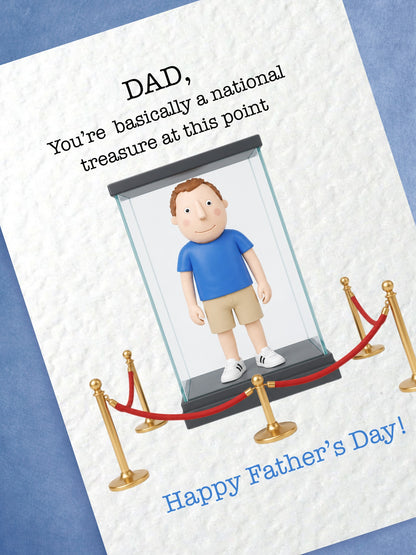 Funny Father’s Day Card For Dads Who Are Basically National Treasures. Cute Clay Figure Design With Museum Display Humour.