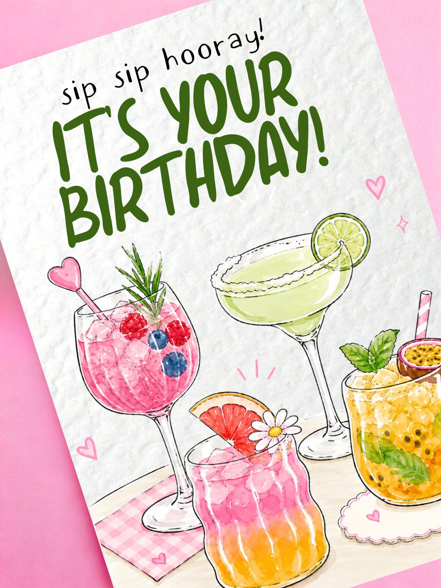 Sip Sip Hooray Birthday Card, Cute Cocktail Greeting for Friend, Sister, Bestie, Her, Fun Drinks Birthday Greeting Card