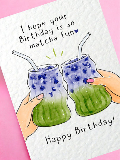 Matcha Birthday Card: Cute Blue And Green Drink Blueberry Ube Greeting Card