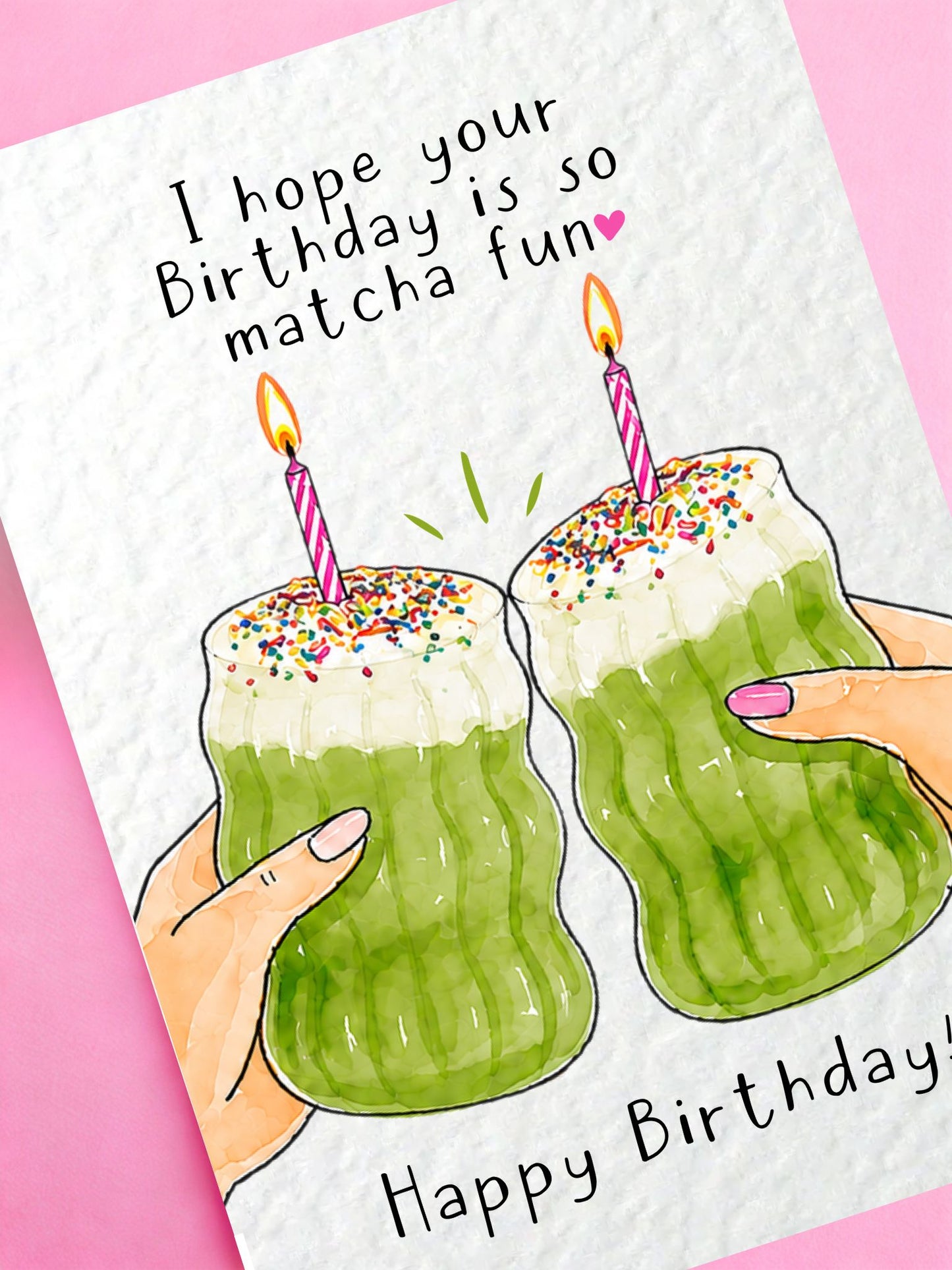 Matcha Birthday Card: Cute Birthday Cake Green Drink With Multicoloured Rainbow Sprinkles And Candle Greeting Gift