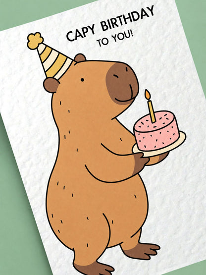 Funny “Capy Birthday to You!” Cute Capybara Holding Birthday Cake Greeting Gift