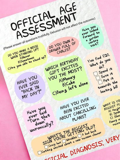 Funny Official Age Assessment Exam Birthday Card, Hilarious Greeting Gift For Friends, Family, Mum, Dad