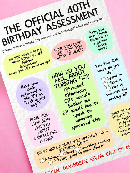 Hilarious 40th Birthday Assessment Card For Friends, Family, Partner, Officially Forty