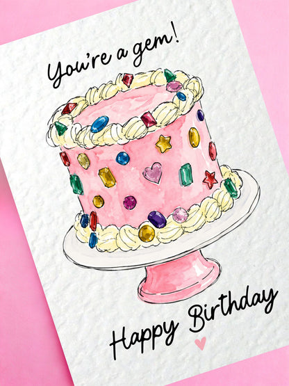 Bedazzled Gemstone Birthday Card, Jewelled Gem Cake, Sparkly Jewel Gift, You’re a Gem! Trending Cool Girl Greeting