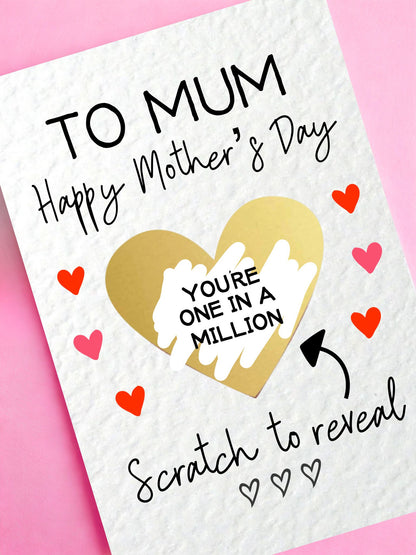 Mother's Day Surprise Scratch Card, You're One In A Million, Greeting Card, Surprise Gift, Gold Heart