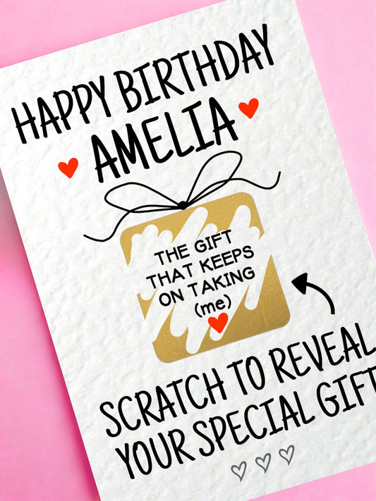 Personalised Funny Surprise Scratch Card, The Gift That Keeps On Taking, Greeting Card, Surprise Gift, Gold Gift Present Box