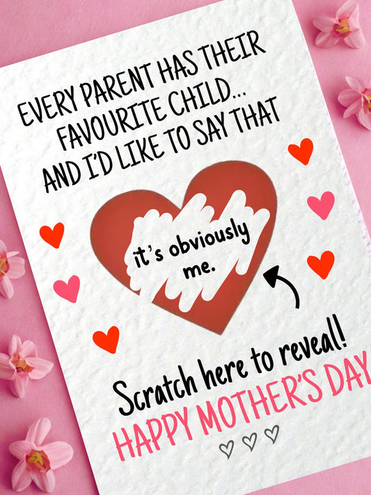Mother's Day Surprise Scratch Card, Favourite Child, Obviously Me Gift Reveal, Funny Greeting Card, Surprise Gift, Red Heart
