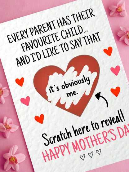 Mother's Day Surprise Scratch Card, Favourite Child, Obviously Me Gift Reveal, Funny Greeting Card, Surprise Gift, Red Heart