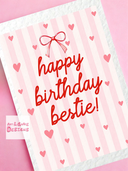 Birthday Card For Bestie, Cute Greeting Card For Friend, Bestie, Red Bow And Pink Stripes