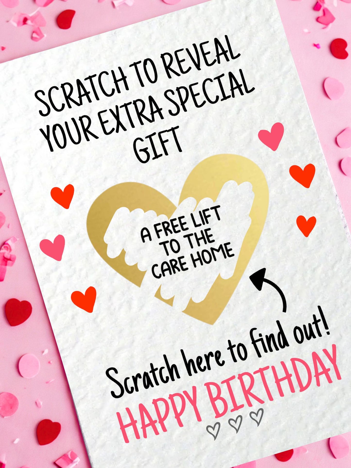 Birthday Funny Surprise Greeting Card, Gift Reveal, Surprise Gift, Gold Heart, Free Lift To The Care Home, Grandparents, Parents