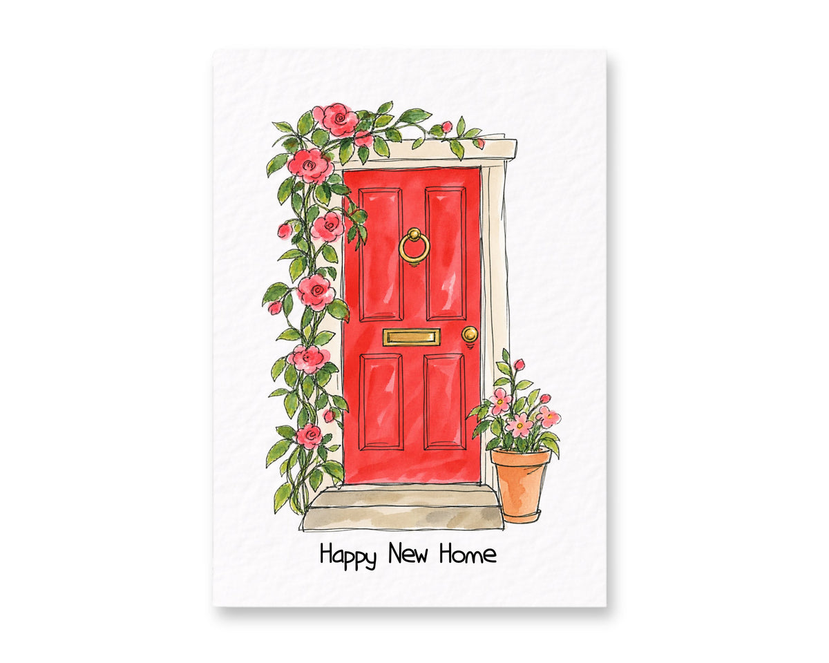 Happy New Home Card, New House Greeting, Moving Gift, Housewarming Card, Floral Door Design, New Homeowner Gift, Fresh Start Keepsake