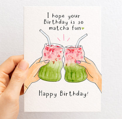 Matcha Birthday Card: Cute Pink And Green Drink Greeting Card