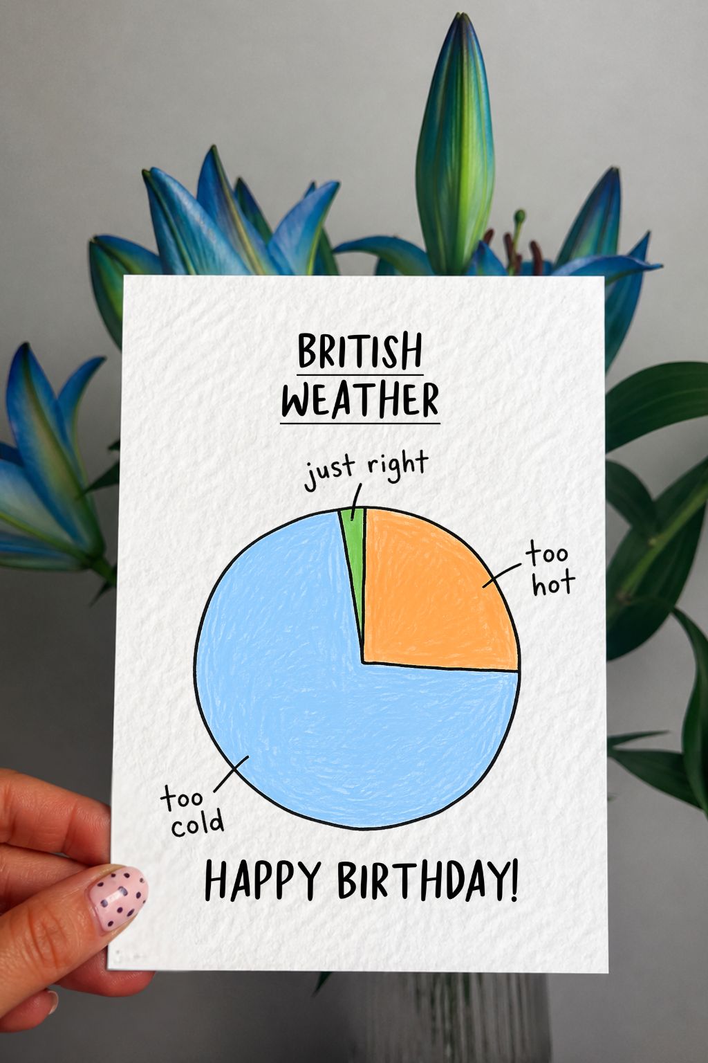 Funny British Weather Birthday Card Featuring A Hand Drawn Pie Chart, Quirky UK Humour Greeting Card For Friends, Weather Complainers