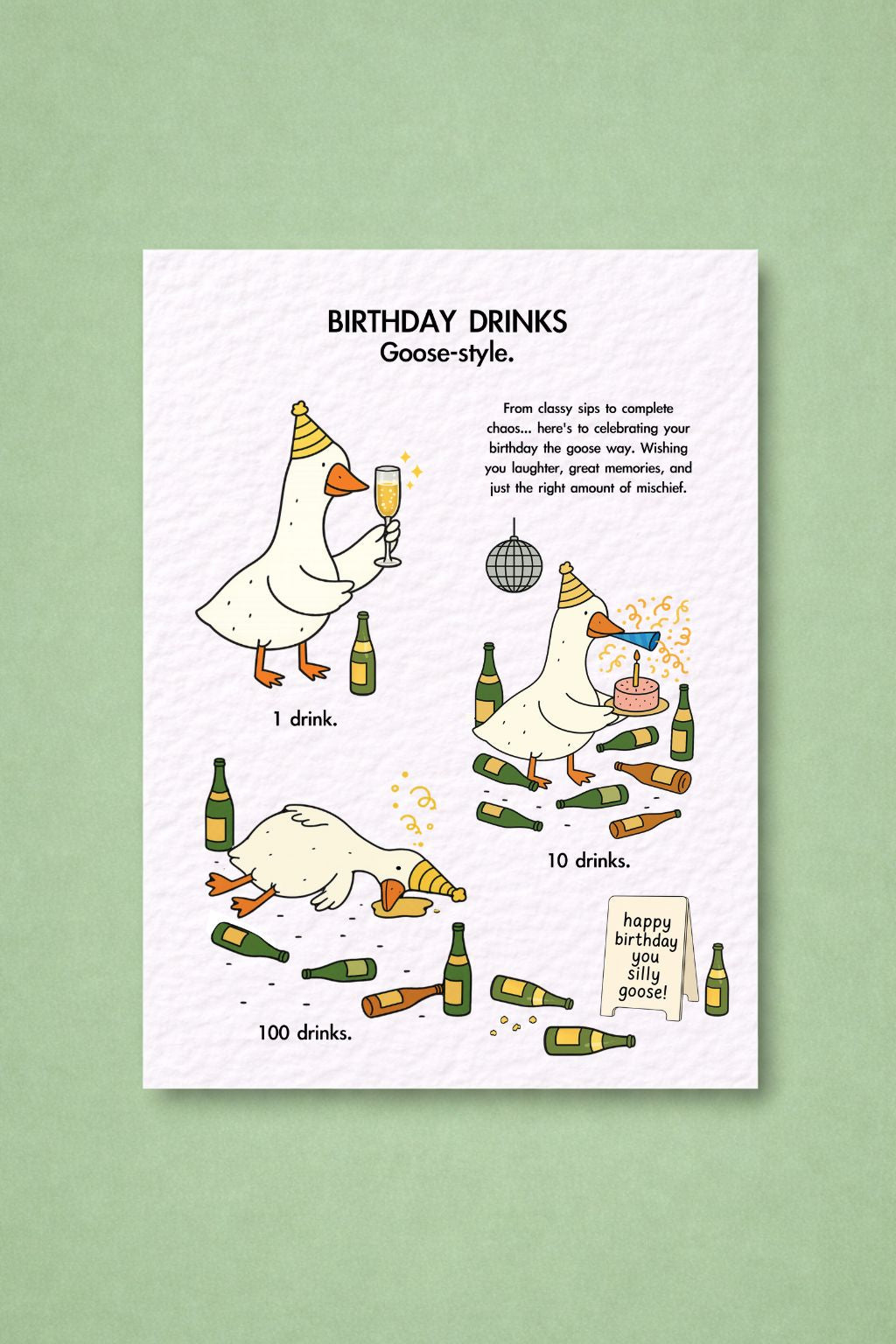Funny Goose Birthday Card, Drinking Goose- Style Funny Friend Birthday Card, Greeting Card for Him, Her