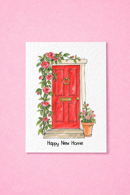 Happy New Home Card, New House Greeting, Moving Gift, Housewarming Card, Floral Door Design, New Homeowner Gift, Fresh Start Keepsake
