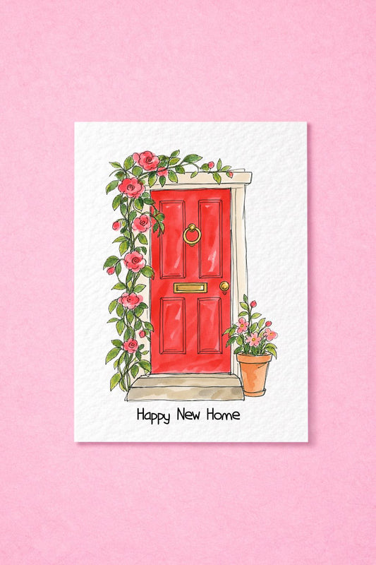 Happy New Home Card, New House Greeting, Moving Gift, Housewarming Card, Floral Door Design, New Homeowner Gift, Fresh Start Keepsake