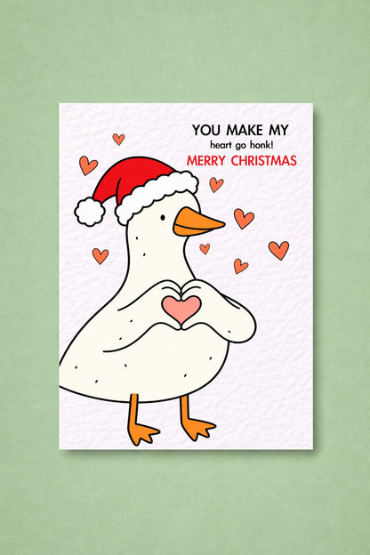 Cute Goose Christmas Card: You Make My Heart Go Honk Greeting Card Design, Card For Partner, Girlfriend, Boyfriend