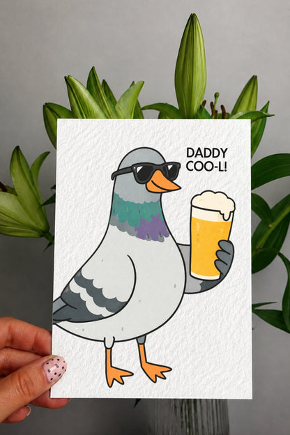 Funny Fathers Day Card for Dad, Daddy Coo-l Pigeon Card, Beer Lover Dad Card, Cute Pun Card, Cool Dad Birthday Card from Son Daughter