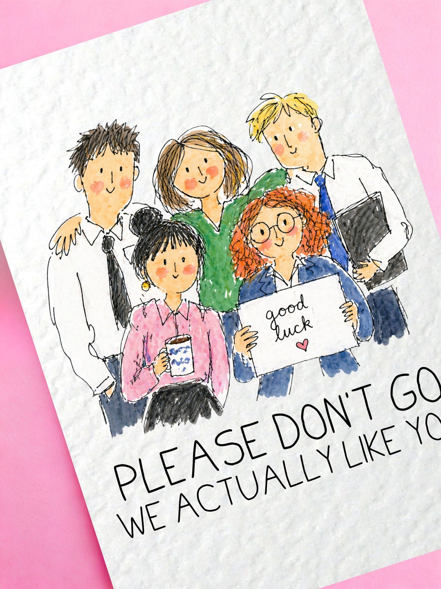 Funny Leaving Card, “Please Don’t Go, We Actually Like You!”, Work Colleague Goodbye Card, Cute Office Team Illustration