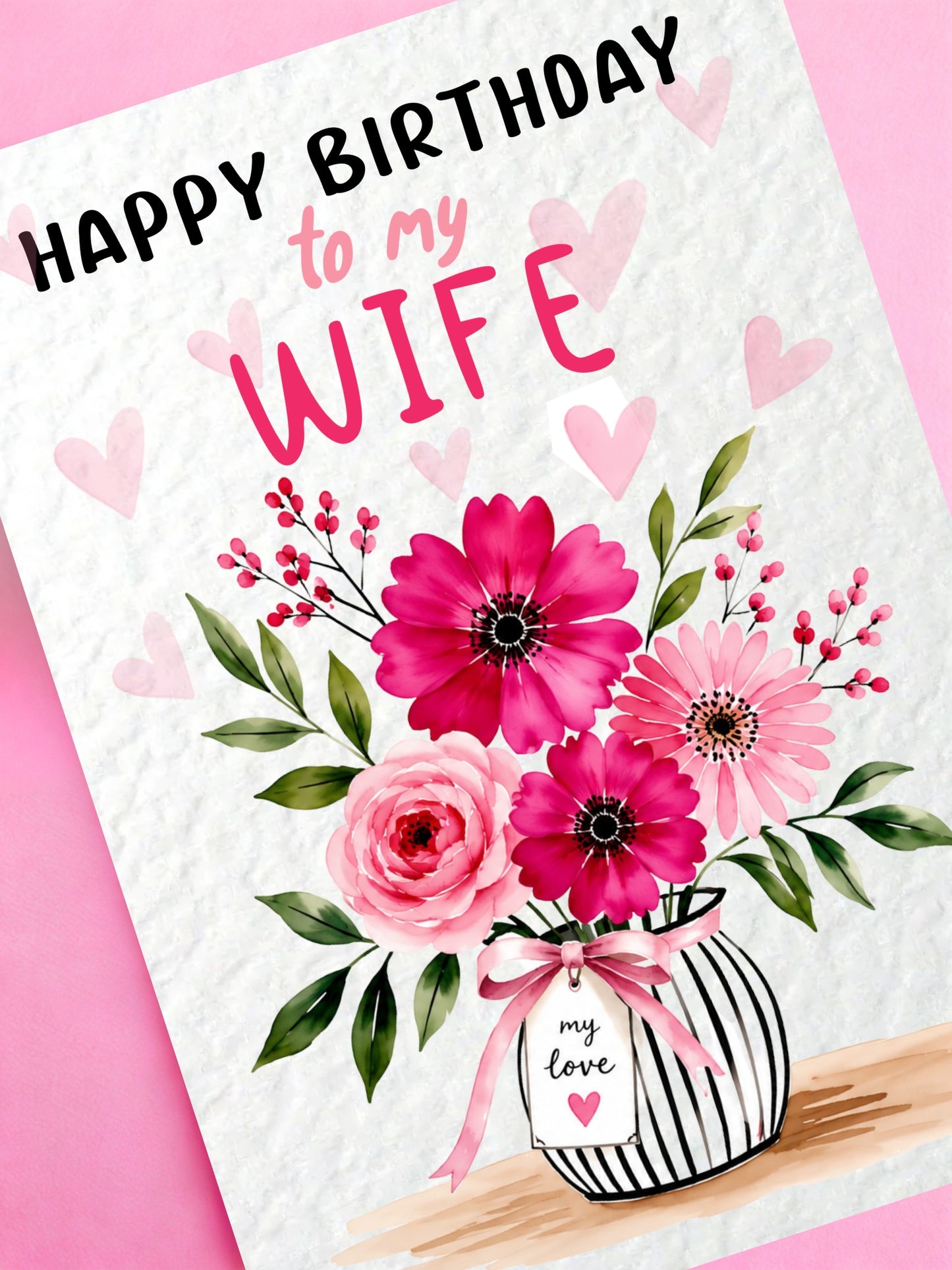 Happy Birthday to My Wife Card,  Floral Birthday Card for Wife, Romantic Pink Flowers Card, Wife Birthday Card from Husband