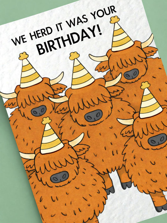 Funny Highland Cows Birthday Card, We Herd It Was Your Birthday Greeting Card