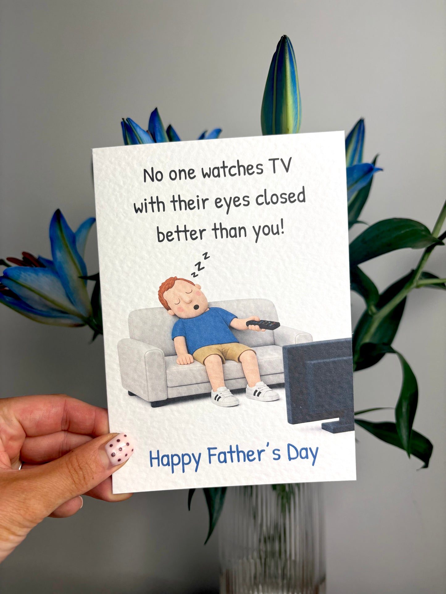 Father's Day Funny Card: Dad Watching TV Fallen Asleep Humorous Greeting Card, Joke Gift