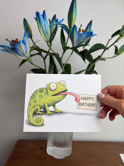Funny Chameleon Birthday Card, Cute Reptile Illustration with “Happy Birthday” Design, Unique Animal Greeting Card, Quirky Humour Gift