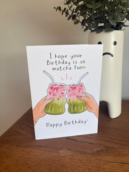 Matcha Birthday Card: Cute Pink And Green Drink Greeting Card