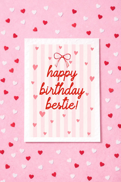 Birthday Card For Bestie, Cute Greeting Card For Friend, Bestie, Red Bow And Pink Stripes