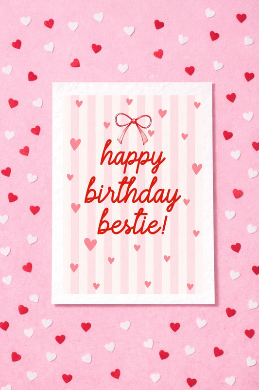 Birthday Card For Bestie, Cute Greeting Card For Friend, Bestie, Red Bow And Pink Stripes