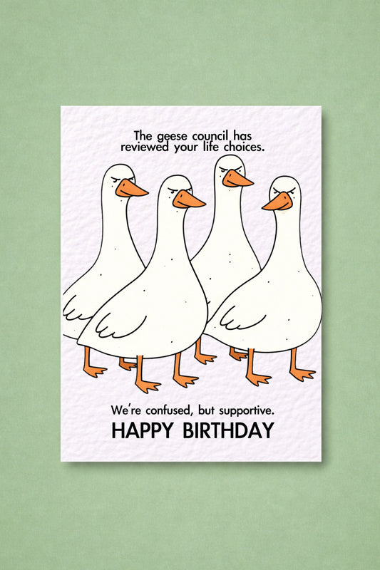 Funny Geese Council Birthday Card: Old Age, Birthday Goose Card