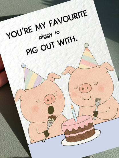 Greedy Pig Birthday Card: Cute Funny Piggy and Chocolate Birthday Cake Humorous Design Greeting Card, Animal Gift