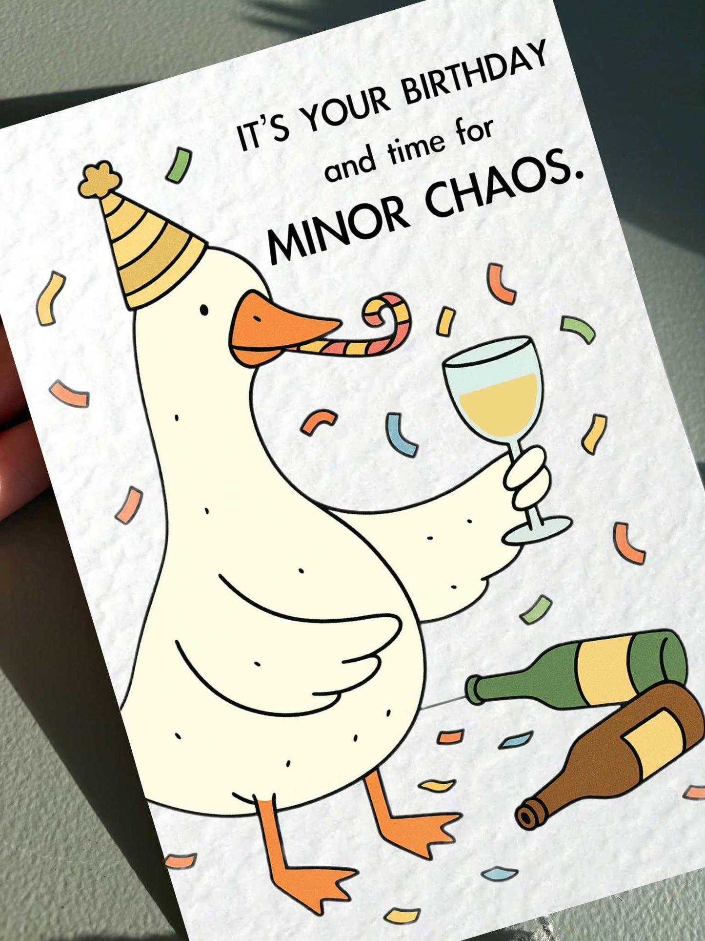 Funny Goose Birthday Card: Time For Minor Chaos, Sill Goose Greeting Card