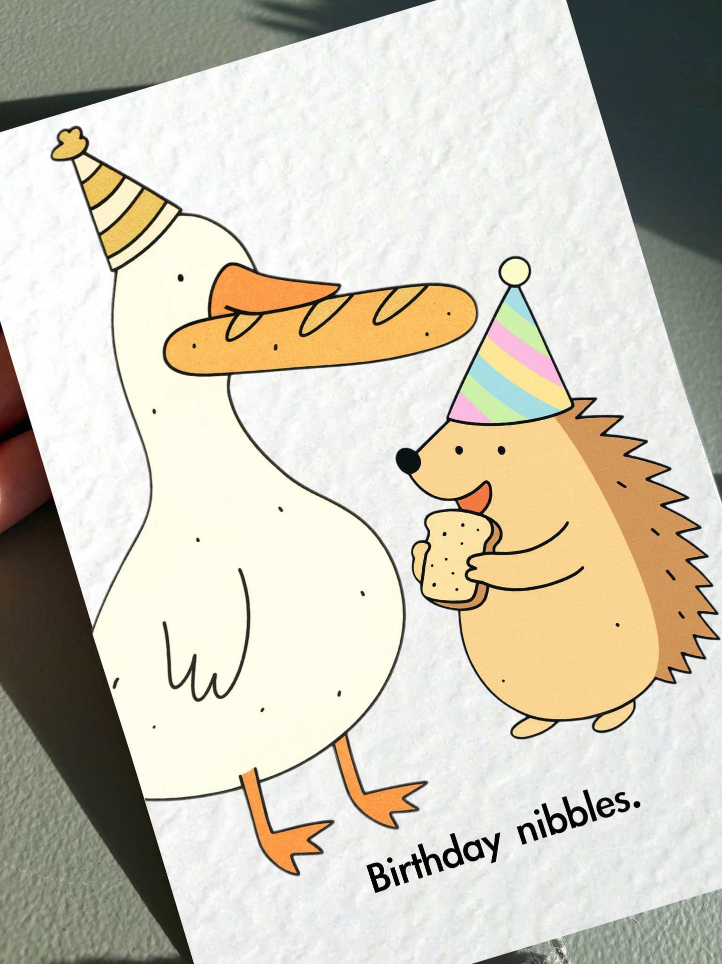Funny Silly Goose And Hedgehog Birthday Card: Humorous Design, Birthday Nibbles, Cute Animal Greeting Card