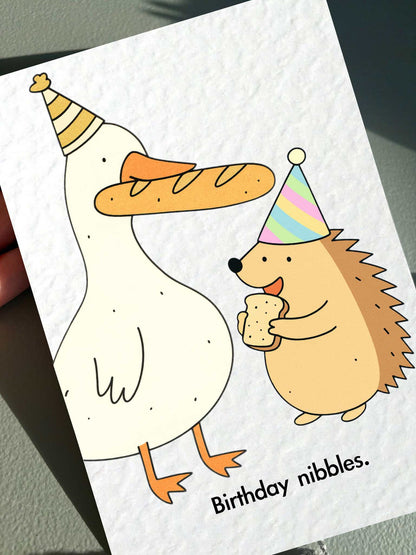 Funny Silly Goose And Hedgehog Birthday Card: Humorous Design, Birthday Nibbles, Cute Animal Greeting Card