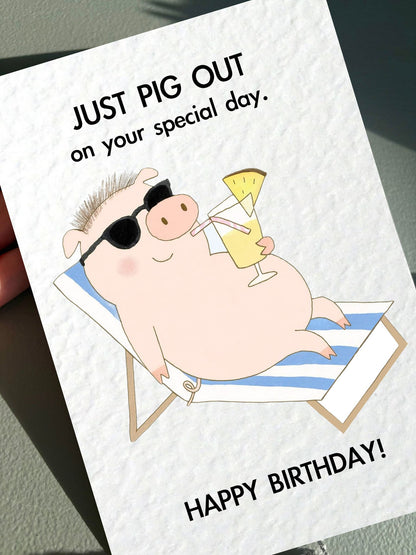 Funny Pig Birthday Card: Cute Funny Pig Sunbathing With Cocktail, Pina Colada Humorous Design Greeting Card, Animal Gift