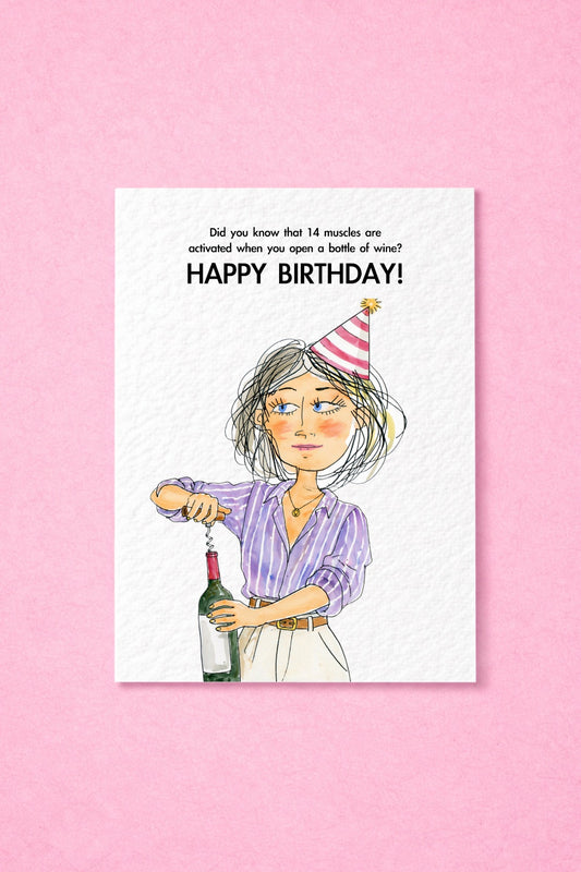 Funny Birthday Card For Friend, Mum, Wine Joke Gift, 14 Muscles Activated When Opening A Bottle Of Wine