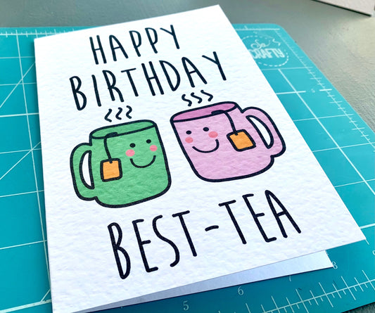 Cute Best -Tea Card - Birthday Card For Best Friends - Cute Illustration - Teacups - Pastel Pink And Green Design