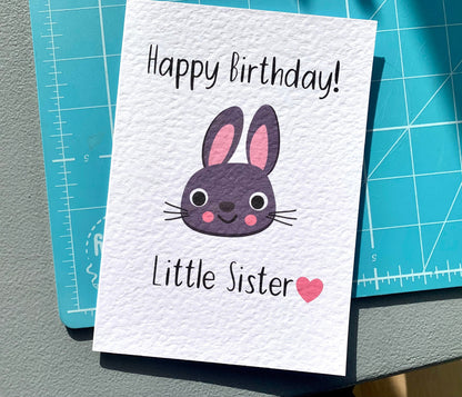 Happy Birthday Little Sister, Cute Bunny Birthday Card For Little Sister , Grey Rabbit, Greeting Card.